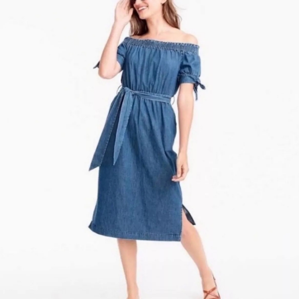 J. Crew off shoulder denim chambray belted midi dress sz 12 tall